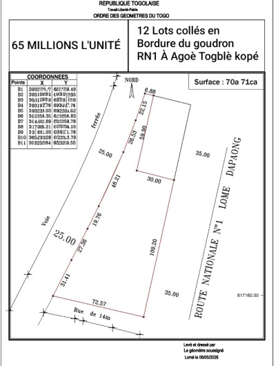 12 lots collés avec titre foncier au bord du goudron