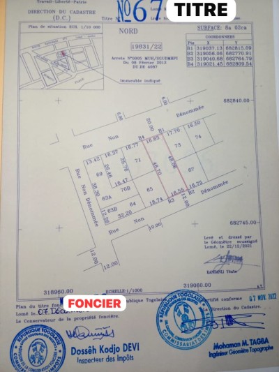 1 lot 1/3 avec titre foncier à 80m du goudron nationale 2
